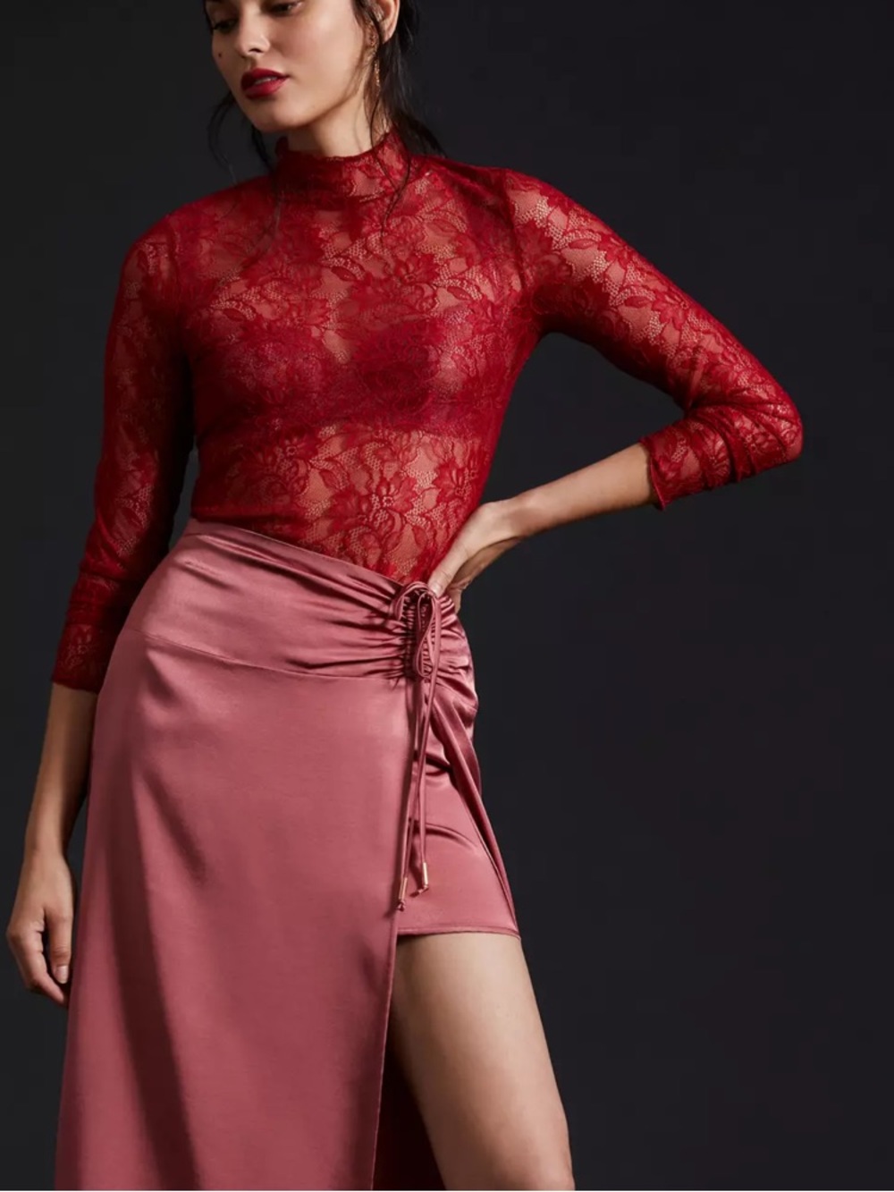 Anthropologie Fuchsia Lace Long-Sleeve Layering Turtleneck Red Wine